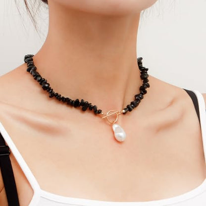 Bohemian Stone Pearl Choker Necklace for Women Dainty Natural Irregular Stone Choker Turquoise Beaded Lariat Necklace Simple Fashion OT Toggle Spiritual Handmade Jewelry - color: Black