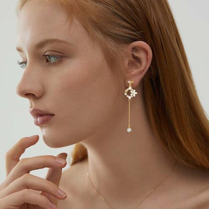 Awinesn Clip on Earrings Dangle Pearl Drop Clip Earrings for Women Trendy Dangle Chain Dainty Flower Wedding Earrings for Brides 14K Gold Plated Statement Non Pierced Earrings for Women Sparkly Jewelry - style: fugu-baiflower-g
