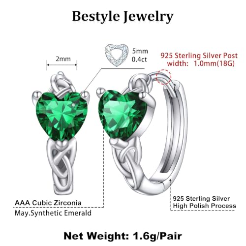 Bestyle 925 Sterling Silver Huggie Hoop Earrings Small Birthstone Hoop Earrings for Women Hypoallergenic Silver Huggie Earring,Great Birthday Earrings Gift for Daughter Wife Mom - color: 05-Green Emerald-Hoop