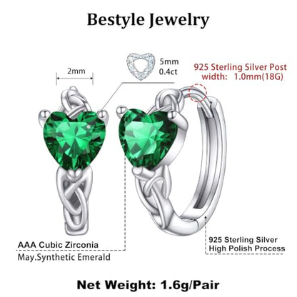 Bestyle 925 Sterling Silver Huggie Hoop Earrings Small Birthstone Hoop Earrings for Women Hypoallergenic Silver Huggie Earring,Great Birthday Earrings Gift for Daughter Wife Mom - color: 05-Green Emerald-Hoop
