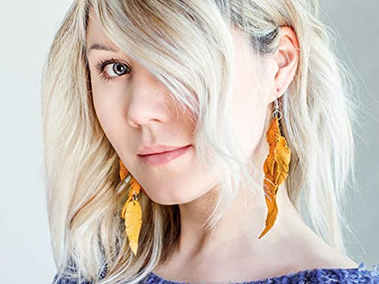 Leather Feather Earrings, Suede layered earrings, boho wedding jewelry, summer earrings, gift for her, dangle earrings - color: yellow