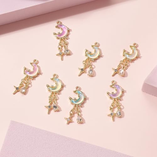 Moon Charms for Jewelry Making Alloy StarCharms Glass Golden Silver Metal Pendants for DIY Earring Bracelet - color: Golden