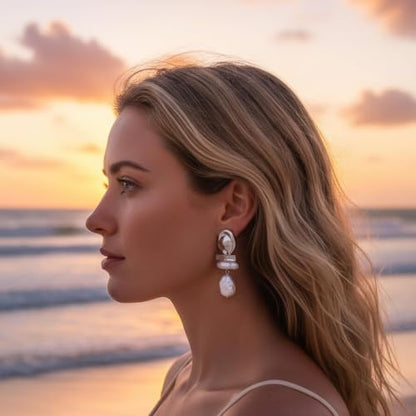 Statement Pearl Dangle Earrings,large Pearls Vacation Earrings with Crystal,Party Jewelry Gift for Women - color: Silver tone
