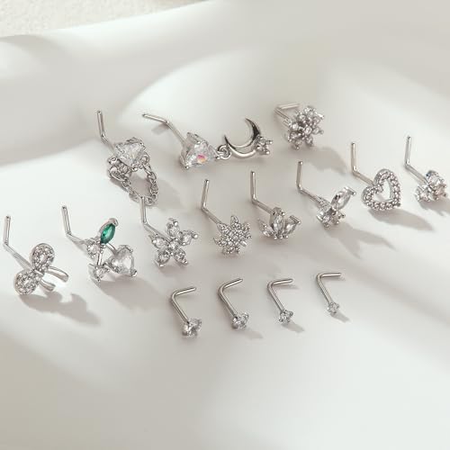 BSJ4U Nose Rings L Shaped for Women Nose Piercings 20G Surgical Stainless Steel Nose Studs CZ Heart Butterfly Flower Cherry Bow Moon Dangle Nose Piercing Jewelry - color: Silver Clear Nose Rings