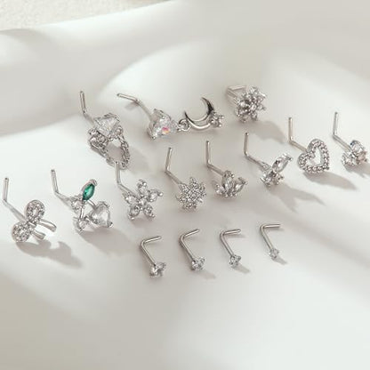 BSJ4U Nose Rings L Shaped for Women Nose Piercings 20G Surgical Stainless Steel Nose Studs CZ Heart Butterfly Flower Cherry Bow Moon Dangle Nose Piercing Jewelry - color: Silver Clear Nose Rings