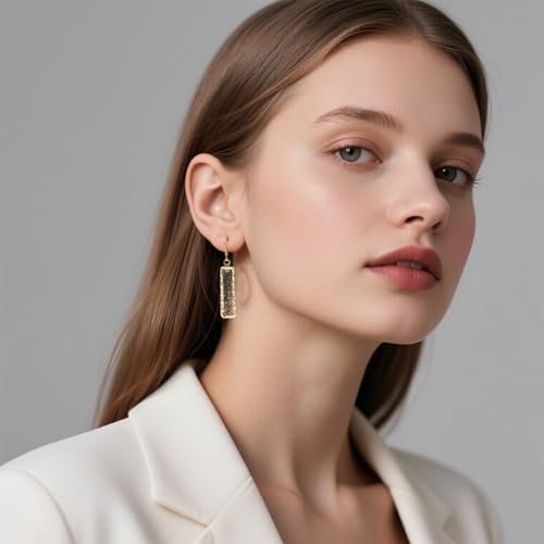 Gold Rectangle Dangle Earrings - Handmade Resin with Abalone Shell Pieces, Unique Drop Earrings