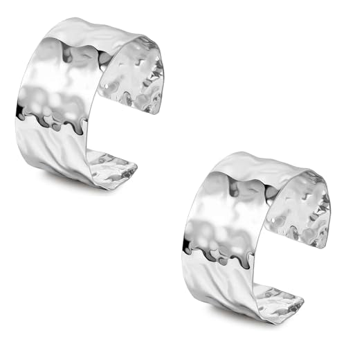 2Pcs Cuff Bangle Bracelet for Women Open Wide Bangle Bracelet Set | minimalist statement bangle bracelets，wrist cuff wrap bracelet adjustable，open wide wire grooved hammered bracelet set - color: 2PCS-Sliver-E