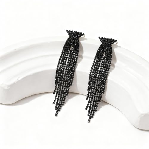 Rhinestone Earrings Prom Earrings for Women Sparkly Long Tassel Chandelier Drop Statement Earring Jewerly Gifts Wedding Party Prom Dresses Accessories - color: B2:black