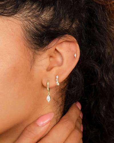 3 Pairs Earring Stacks, Gold Earring Set Jewelry Gift for Women | Small, 14K Gold/White Gold/Black/Rose Gold Plated, Hypoallergenic, Her, Everday, Stackable, Simple, 3 Holes - color: Gold-Marquise