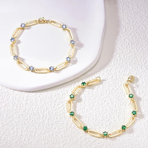 Paperclip Bracelet for Women Couple Bracelets with CZ Chain Strand Jewelry Gift for Girls - color: Style 1-Emerald-Golden