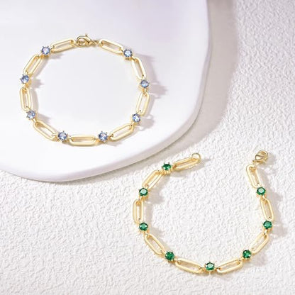 Paperclip Bracelet for Women Couple Bracelets with CZ Chain Strand Jewelry Gift for Girls - color: Style 1-Emerald-Golden
