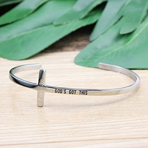 𝐂𝐫𝐨𝐬𝐬 𝐁𝐫𝐚𝐜𝐞𝐥𝐞𝐭 Religious Cuff Bangle 𝐁𝐢𝐛𝐥𝐞 𝐕𝐞𝐫𝐬𝐞 Christian Gifts Jewelry for 𝐖𝐨𝐦𝐞𝐧 - style: Silver cuff-God's got this