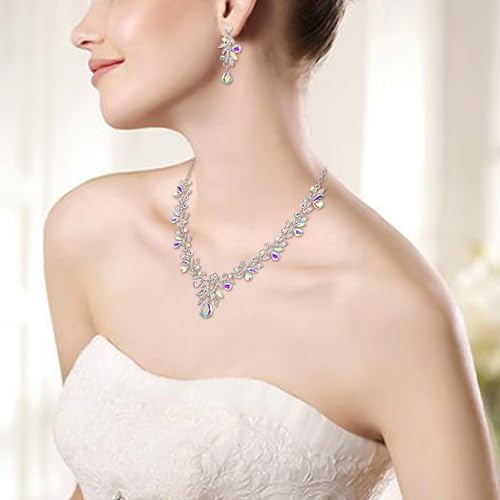 Women's Wedding Jewelry Set Leaf Flower for Bridal Prom Party | Stunning Crystal Teardrop Marquise Cluster Pendant Necklace Dangle Earrings Set for Bride Bridesmaid - color: Iridescent AB Silver-Tone
