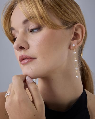PAVOI 14K Gold Plated 925 Sterling Silver Posts Pearl Dangle Drop Earrings | Bridal Pearl Earrings for Women - style: Station Pearls