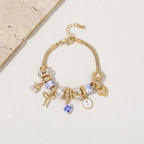 Charm Bracelet Gold Bracelets for Women Gifts | LOVE Heart Hollow Flower Bow Pink Green Square Gemstone Beaded Charm Bracelet Cute Adjustable Bracelet Jewelry - style: Blue Heart