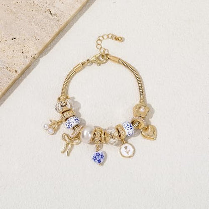 Charm Bracelet Gold Bracelets for Women Gifts | LOVE Heart Hollow Flower Bow Pink Green Square Gemstone Beaded Charm Bracelet Cute Adjustable Bracelet Jewelry - style: Blue Heart