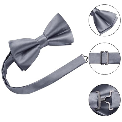 Hi-Tie 5Pcs Mens Solid Color Silk Tie Satin Pretied Bowtie Lapel Pin for Men Handkerchief Cufflink Wedding Gift Box - color: Grey