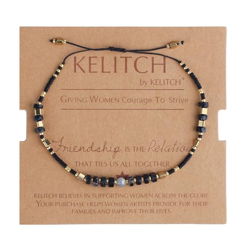 KELITCH Crystal Agate Friendship Bracelet Handmade Seed Beads Adjustable Bracelets for Women - color: Black