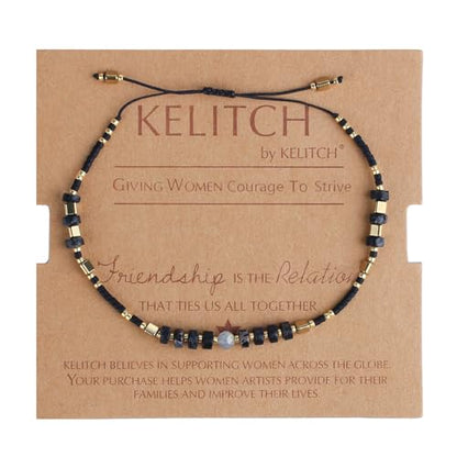 KELITCH Crystal Agate Friendship Bracelet Handmade Seed Beads Adjustable Bracelets for Women - color: Black