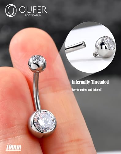 OUFER Belly Button Rings Surgical Steel, Internally Threaded Belly Rings | 14G Belly Piercing Jewelry, 10/12/14/16mm Beachy Belly Button Rings, Silver/Gold Navel Piercing Jewelry For Women Men - color: Clear, size: 14G 10MM