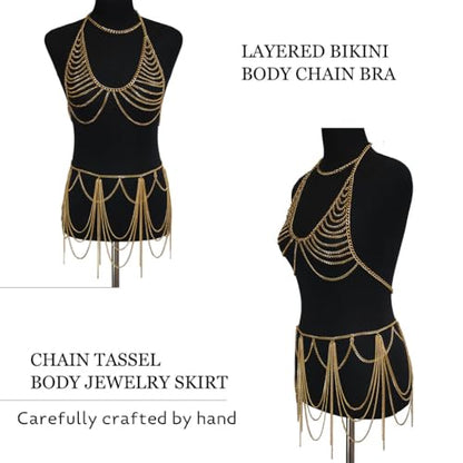 Chain Bra Rave Outfits for Women Gold Chain Skirt Layered Body Chain Set Bra Jewelry Beach Belly Chains (Bra + Skirt)
