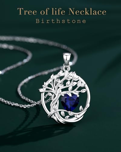 FANCIME Tree of life Birthstone necklace Sterling Silver Pendant Birthstone Necklace Gemstone Anniversary Birthday Jewelry Mothers Day Gifts for Mom Her Wife - color: Sep.-Sapphire