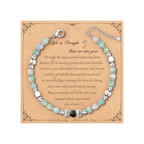 Airmb Inspirational Gifts for Women Friend Birthday Bracelets for Women Dainty Moonstone Natural Stone Strand Bracelet 925 Silver Plated Beaded, Unique Gift for Friends Daughter Mom Sister Gifts Jewelry
