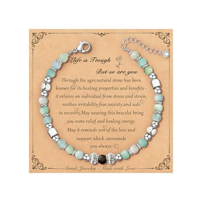 Airmb Inspirational Gifts for Women Friend Birthday Bracelets for Women Dainty Moonstone Natural Stone Strand Bracelet 925 Silver Plated Beaded, Unique Gift for Friends Daughter Mom Sister Gifts Jewelry