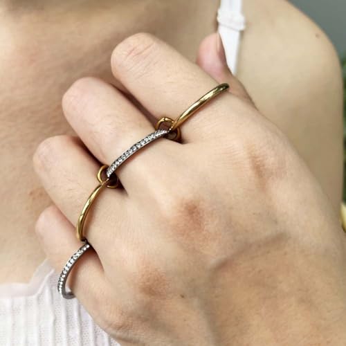 Gold Stackable Rings for Women Non Tarnish, 18k Gold Plated Cubic Zirconia Rings, Silver Multi-Link Connected Knuckle Women Stack Rings Set - color: Gold 3, size: 9
