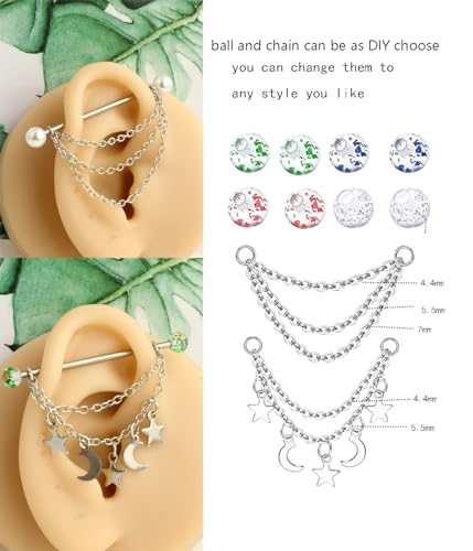 TIANCI FBYJS 7-16pcs 14G Stainless Steel Industrial Piercing Barbell Earring Cartilage Body Jewelry 38mm 1&1/2 Inch Industrial Piercing Bar for Women Men Snake Chain Dangle - color: new set mix color