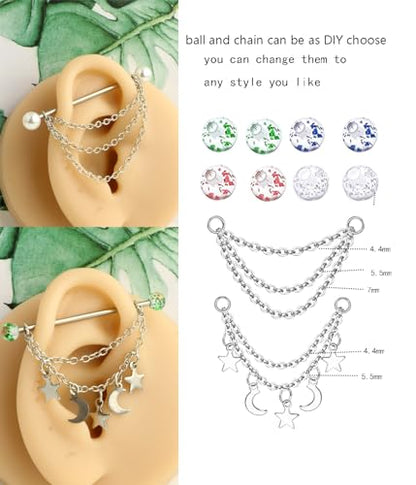 TIANCI FBYJS 7-16pcs 14G Stainless Steel Industrial Piercing Barbell Earring Cartilage Body Jewelry 38mm 1&1/2 Inch Industrial Piercing Bar for Women Men Snake Chain Dangle - color: new set mix color