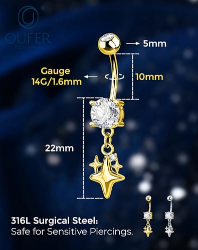 OUFER 14G Star Silver Gold Dangle Belly Button Ring 316L Surgical Stainless Steel CZ 10mm Bar Length Navel Piercing Jewelry for Women - color: Gold
