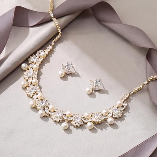 EVER FAITH Wedding Jewelry for Bride, Gorgeous Cubic Zirconia Faux Pearl Elegant Flower Bridal Prom Choker Necklace Stud Earrings Sets for Women - color: Gold Plated
