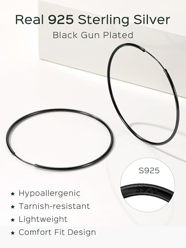 ChicSilver 925 Sterling Silver Hoop Earrings for Women Hypoallergenic, Lightweight Large Gold Plated Silver Hoop Earrings, Endless Hoops Earring 20/30/40/50/60/70MM - color: A. High Polished Black, size: 70mm