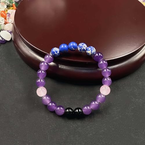 Amethyst Bracelet for Women Men, Elegant Handmade Natural Gem Stone Round Beaded Stretch Elastic Adjustable Healing Bracelets 8mm Gifts - color: AL-0086, size: Medium