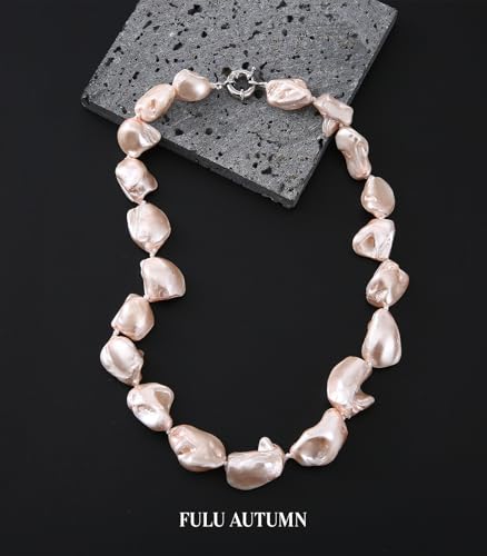 Pearl Choker Necklace for Women Boho Beaded Statement Necklace with Black White Large Freshwater Pearls Silver Fashion Jewelry Gift - color: Pink