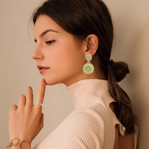 NEWITIN 15 Pieces Gold Bohemian Jewelry Set for Women Turquoise Jewelry Set | Costume Gold Jewelry, Western Jewelry, Belt Chain Necklaces Bracelets Rings Earrings Set for Women Party Daily, Women Gifts - color: Dark Gold
