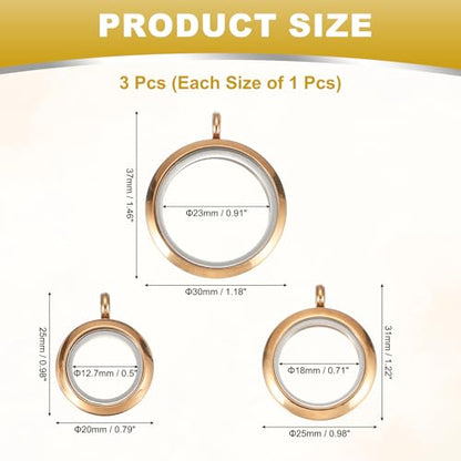 MECCANIXITY Living Memory Locket Charm, Round Floating Locket Pendants Stainless Steel Clear Glass Photo Charm - color: Rose Gold, size: 12.7/18/23 mm
