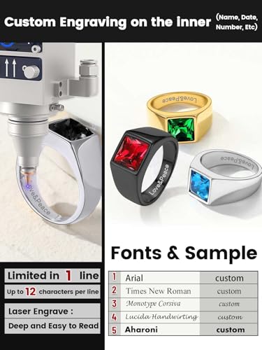 KeyStyle Square Gemstone Signet Rings for Men, Personalized Stainless Steel Pinky Ring with Black Onxy Blue Topaz Birthstone Statement Ring - color: 316L Stainless Steel-Custom Stone-8mm