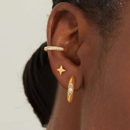 DREMMY STUDIOS Gold Dainty Huggie Hoop Earrings 18K Gold Plated Exquisite Open Tassel Dangle Charm Drop Sleeper Geometric Cross Coin Star Heart White CZ Simple Hypoallergenic Earrings for Women - color: Simple Hoop