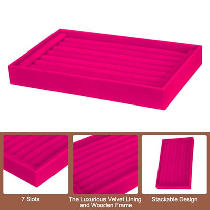uxcell Velvet 7 Slots Ring Organizer Jewelry Display Tray Showcase Ring Holder Velvet Jewelry Organizer Stand for Rings Earrings Rose Red - color: Rose Red