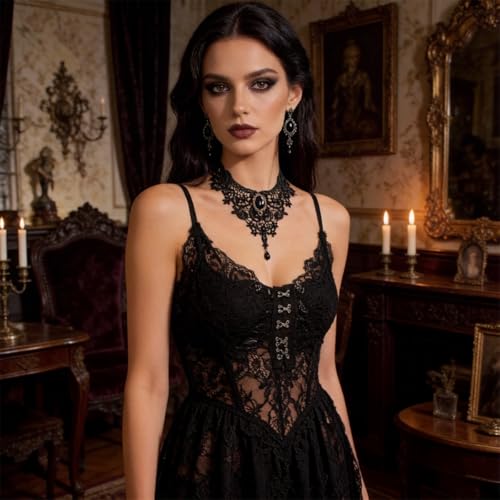 Goth Black Lace Choker Necklace for Women Gothic Vampire Necklace Halloween Victorian Dress Costume Accessories - color: Black