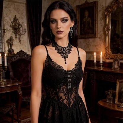Goth Black Lace Choker Necklace for Women Gothic Vampire Necklace Halloween Victorian Dress Costume Accessories - color: Black