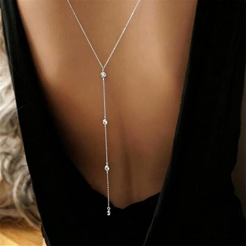 Dainty Crystal Back Chain for Women Sparkly Rhinestone Long Back Necklace for Backless Dress Summer Party Body Jewelry - color: Silver A
