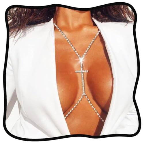 Urieo Rhinestone Bra Chain Crystal Body Chain Jewelry for Women - style: Silver