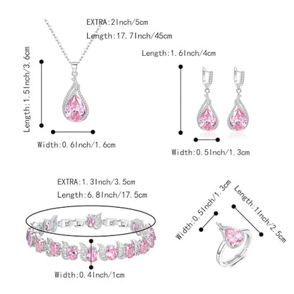 Jewelry Set for Bride, Sparkling Water Drop Cubic Zirconia Crystal Pendant Necklace Leverback Earrings Tennis Bracelet Adjustable Ring Gift for Wedding/Birthday/Mother's Day/Christmas - color: 12-Pink