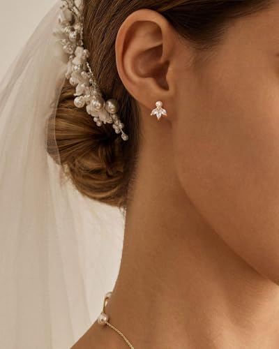 Pearl Earrings - 14k Gold or White Gold Plated Sparkle Cubic Zirconia Dainty Pearl Stud Earrings for Women Wedding Party Bridal - color: gold leaf