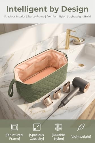 TeeYee Nylon Hair Tools Travel Bag for Dyson Airwrap Quilted Toiletry Bag | Travel Storage Bag for Shark Flexstyle/Curling Iron,Water-repellent,Wide-open,Well-structured,Heat-safe lining,001green - color: Green