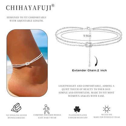 Sterling Silver Ankle Bracelets for Women 14K Gold Waterproof Layered Braided Chain Knot Charm Stackable Adjustable Non Tarnish Nickel Free Anklets Bracelet for Summer Beach Jewelry - color: silverA