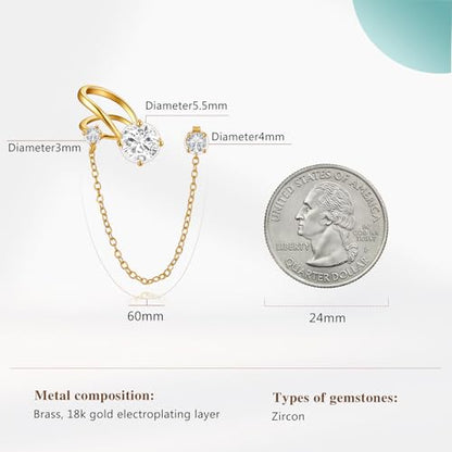 Cicy Bell Ear Cuff Earrings for Women Cubic Zirconia Stud Chain Earrings | 18k Gold Plated Clip On Climber earrings Non Piercing Waterproof Jewelry Gifts Birthday Party - color: Gold